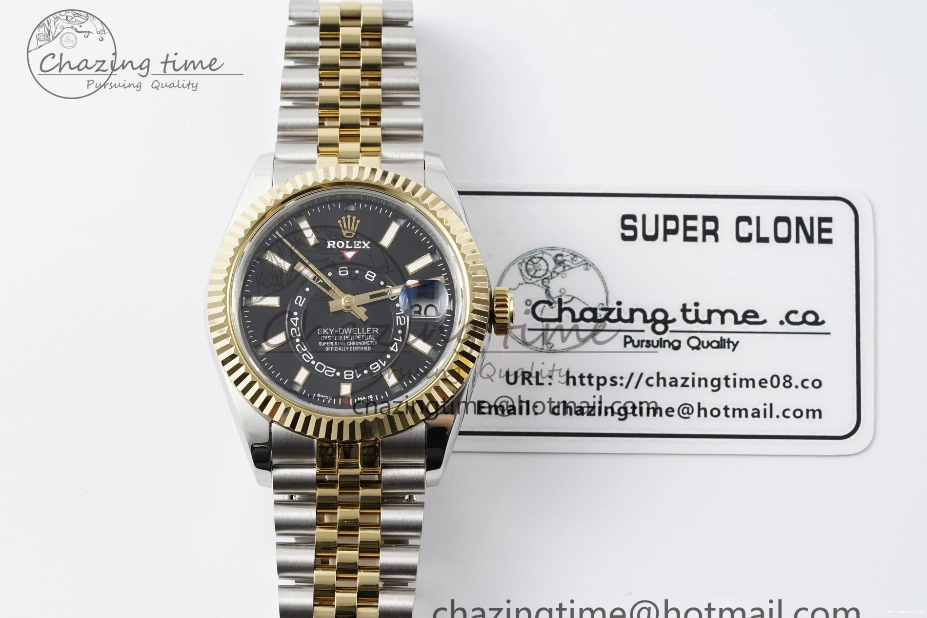 0502 Skydweller SS YG Noob Best Edition Black Dial on SS YG Jubilee Bracelet A23J Efficient 2122